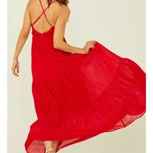 Kezia Ruffle Maxi Dress Red duffles maxi dress ajustabke straps, Alter’d State